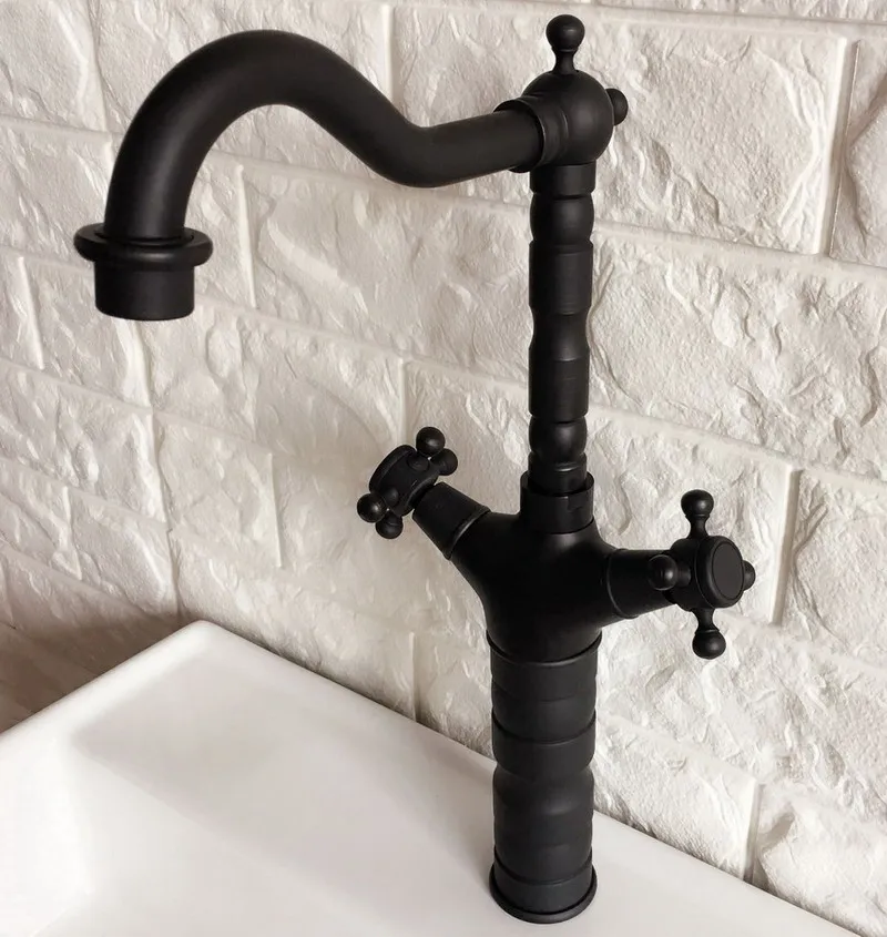 Black Oil Rubbed Brass Dual Cross Handles One Hole Bathroom Kitchen Basin Sink Faucet Mixer Tap Swivel Spout Deck Mounted mnf343