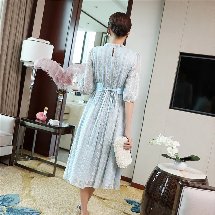Top Quality New Autumn Fashion Party Vintage Dresses Women Allover Exquisite Embroidery Large Swing Blue Black Dress XXL