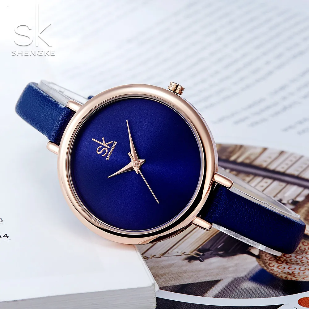 Женские кварцевые часы Shengke синего цвета с кожаным ремешком 2019|sk fashion|sk 2sk watch |