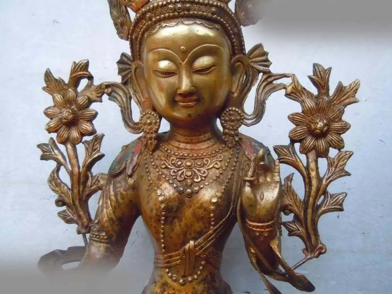 

18" Chinese cloisonne gild bronze Buddhism Green TARA buddha Sculpture statue