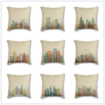 

Decorative Cushion Cover Modern Abstract World City Paris London Prints Vintage Retro Square Pillowcase Throw Pillow Case 45x45