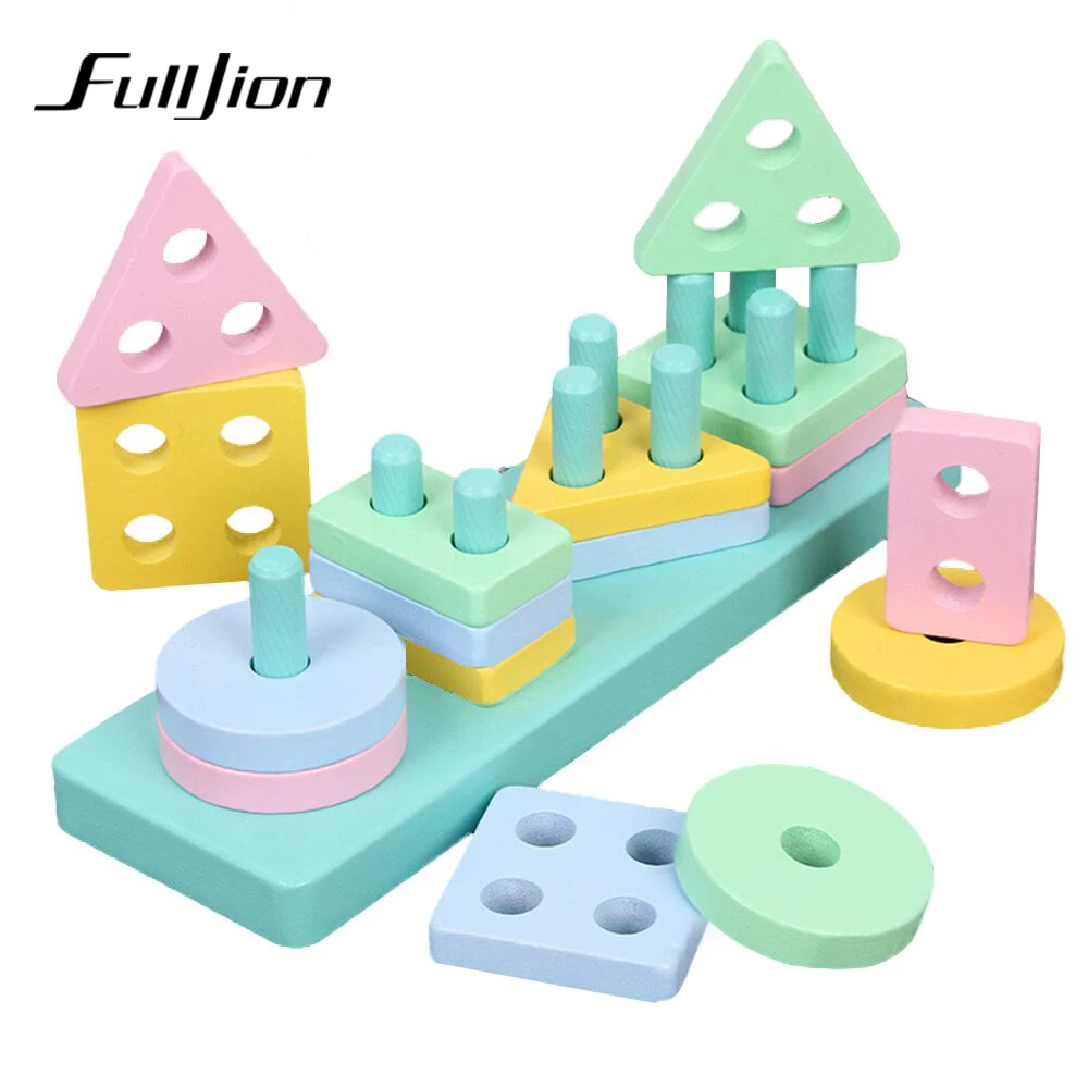 Fulljion Learning Education Wooden Geometric Shape Four-column DIY 3D Puzzle Jigsaw Teaser Funny Baby Sensory Cognition Resource