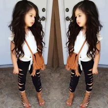 Fashion Kids Girls Clothes Set Girl Summer Lace Short Sleeve Blouse T-Shirt + Black Hole Pant Leggings 2PCS Outfit Children Set