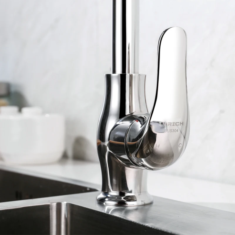 IVRICH Stainless Mirror Polished Kitchen Faucet Ceramic Core Kitchen Tap Deck Mount Sink Mixer ML102