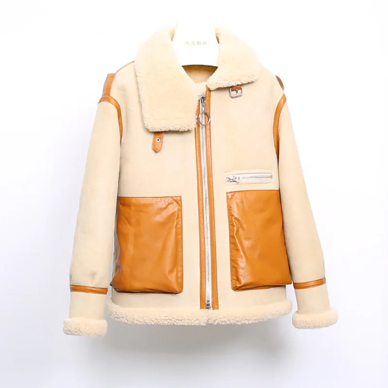 

Luxury Leather Bomber Jacket Shearling Sheepskin Coat Double Face Lambskin Coat Real Fur Women Winter Jacket