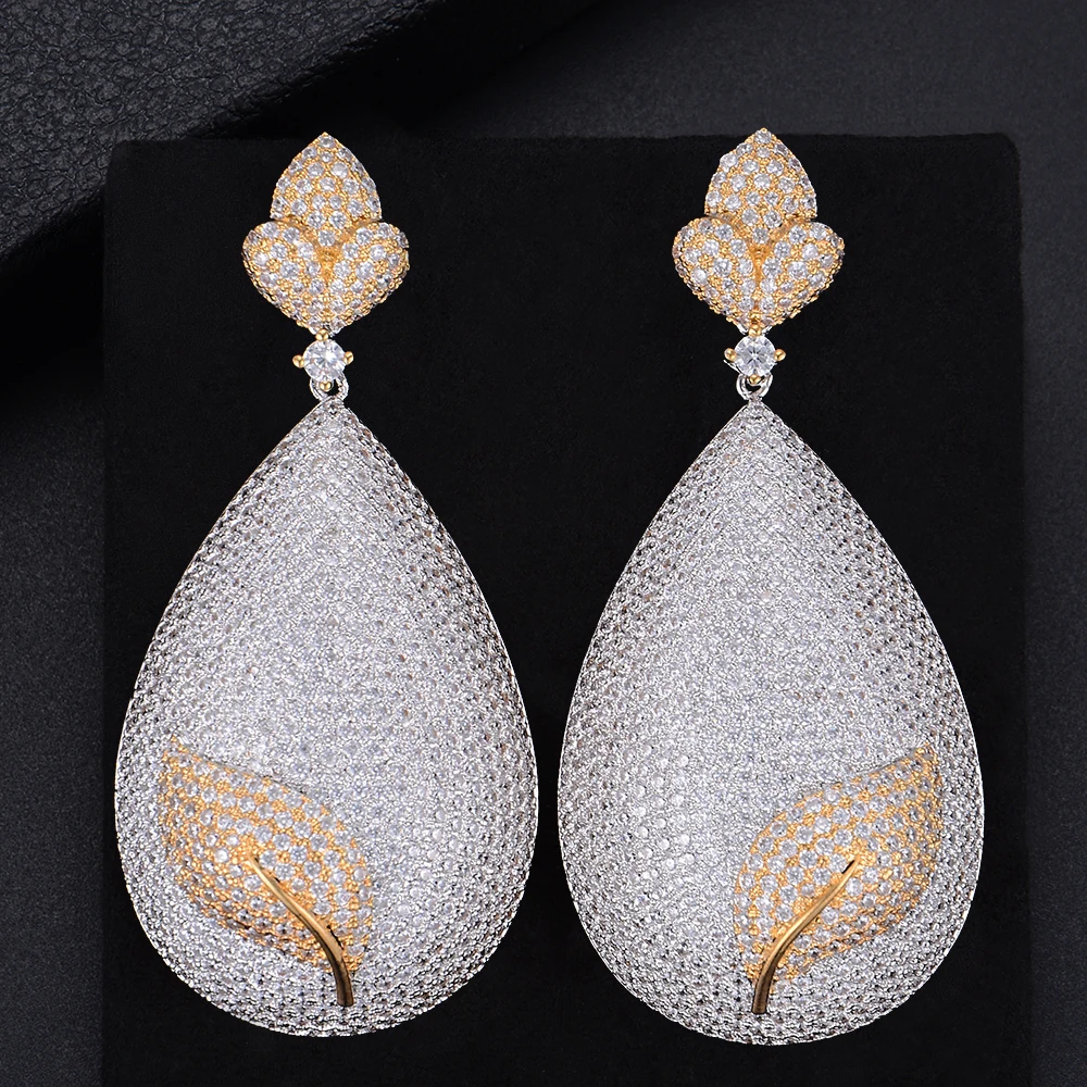 

65mm Fashion Teardrop Leaves Shape Pendant Three Colors Full Cubic Zirconia Dangle Earings Women Wedding Bridal Jewelry