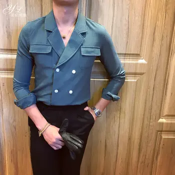 

2019 Korean men's fashion double-breasted shirt male hair stylist casual simple shirt British trend men shirts singer costumes
