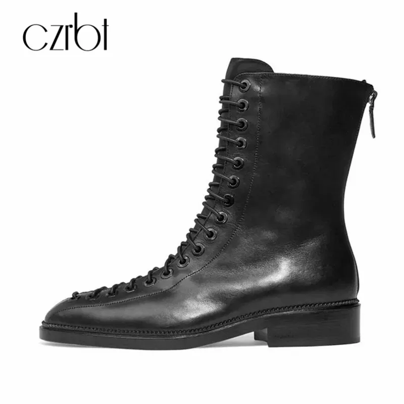 

CZRBT 2018 hot new women's boots black tie LACES comfortable autumn winter true leather boots fashion simple women's shoes