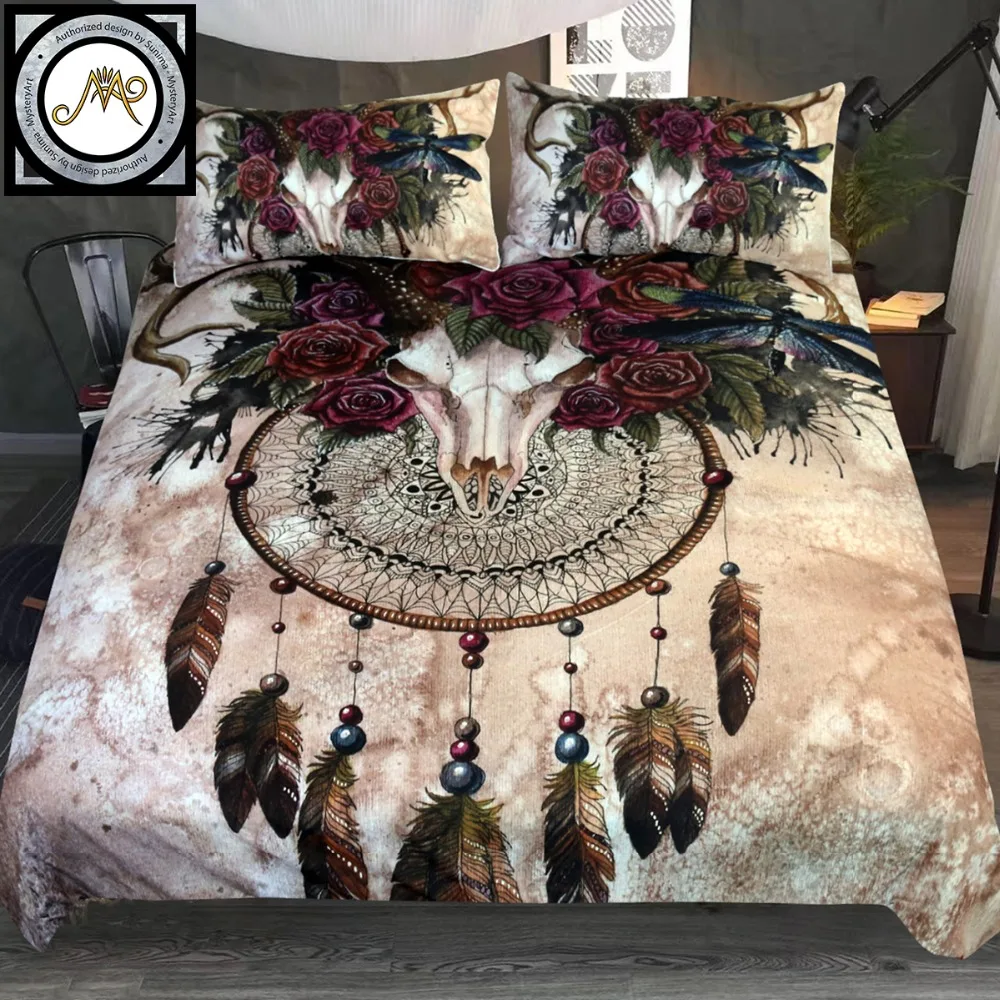 Günstige Geheimnis Schädel Dreamcatcher durch Sunima MysteryArt Bettwäsche Set Rosen Bettwäsche Floral Bett Abdeckung Set Gothic Vintage Hause Textilien