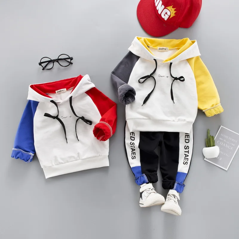 Комплект повседневной одежды для маленьких мальчиков, толстовка с капюшоном детская одежда с длинными рукавами в стиле пэчворк детский пуловер, спортивный костюм, костюмы для детей от 1 до 4 лет