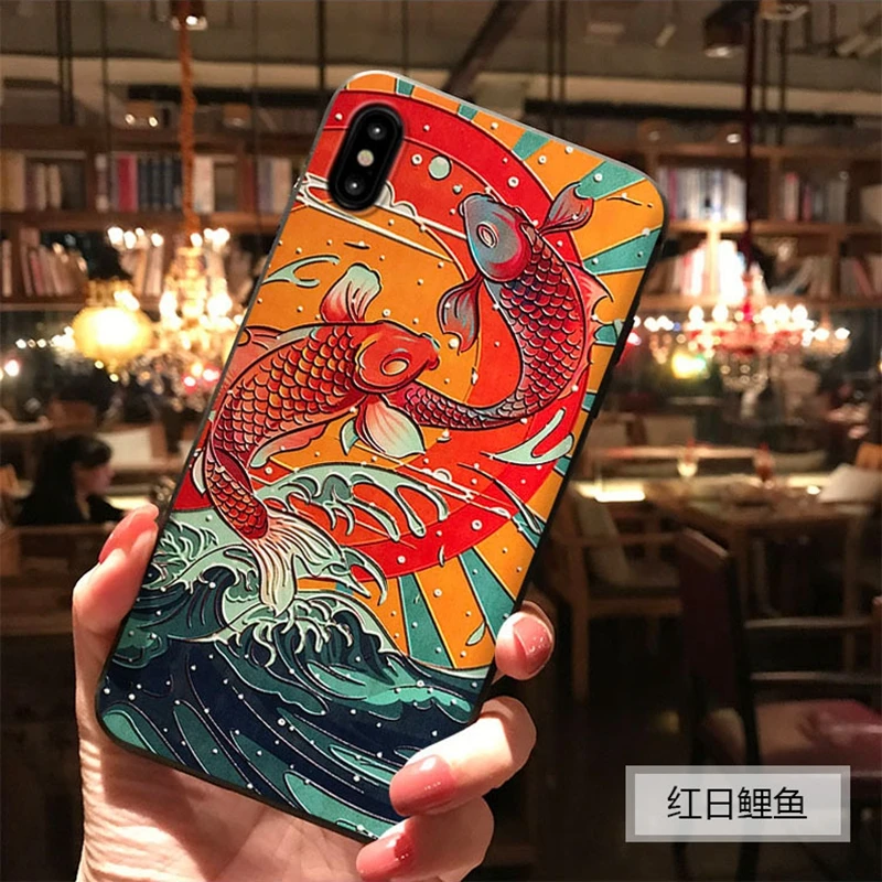 

Koi Fish Emboss Japanese Case For iPhone 7 6s 6 8Plus XS MAX 8 6Plus 7 Case Fish Soft TPU For iPhone 8 7plus X 6SPlus Phone Capa