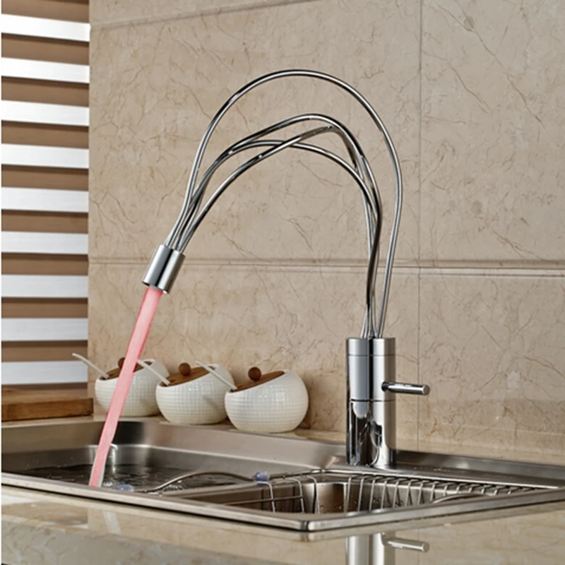 

Modern Polish Chrome Kitchen Sink Faucet Vanity Single Handle Hold LED Color Changing Mixer Tap
