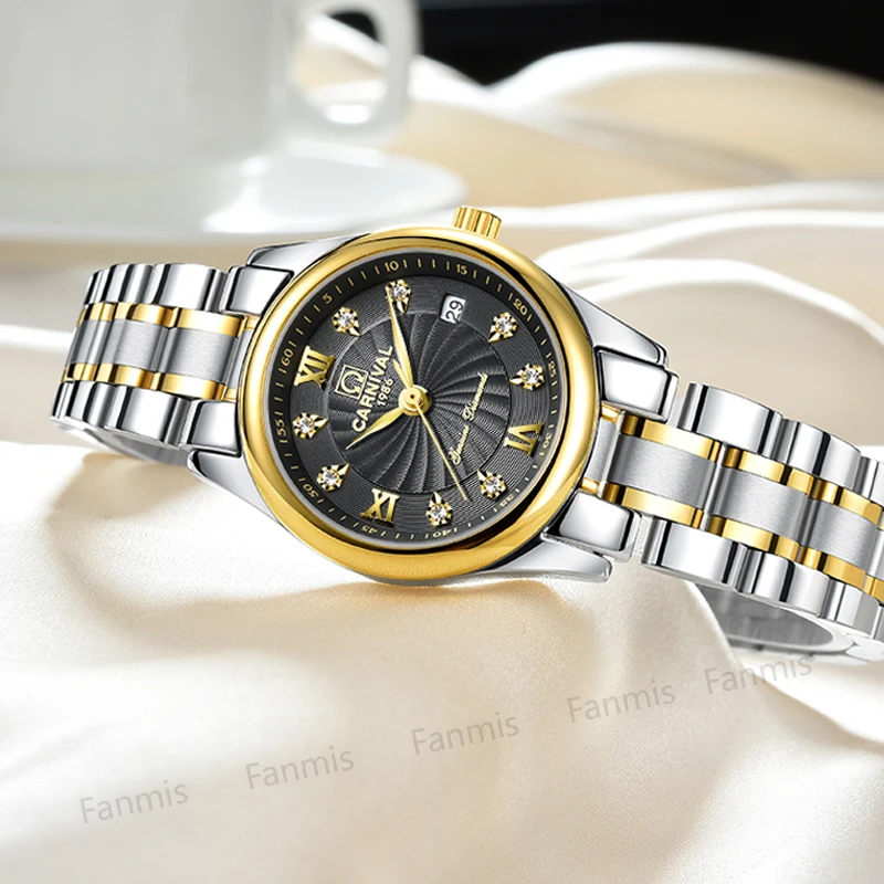 

Carnival Quartz Watch Women Diamond Dial Stainless Steel Ladies Wristwatch Sapphire Waterproof Windmill Relogio Feminino