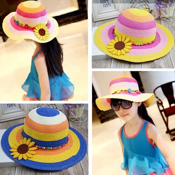 

Fashion kids cute hat children's summer new beaded rainbow fight color sun flower girl causal cute beach shade grass hat