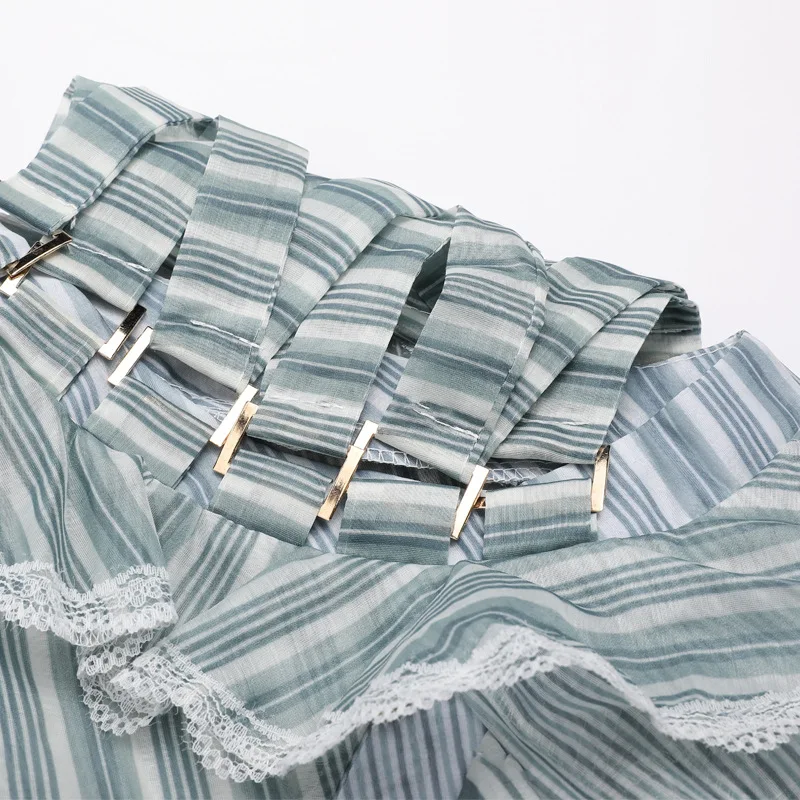 Chic Green Stripe Perspective of Short Shirt Blouse Female Garment Female Summer with Eugene Yarn High-collar Stitching Sexy Top Chic Green Stripe Perspective of Short Shirt Blouse Female Garment Female Summer with Eugene Yarn High-collar Stitching Sexy Top