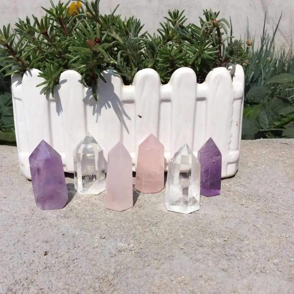 

5pcs lovely natural rose,amethyst and clear rock quartz crystal gemstone point unartificial chakra healing stone as room decor