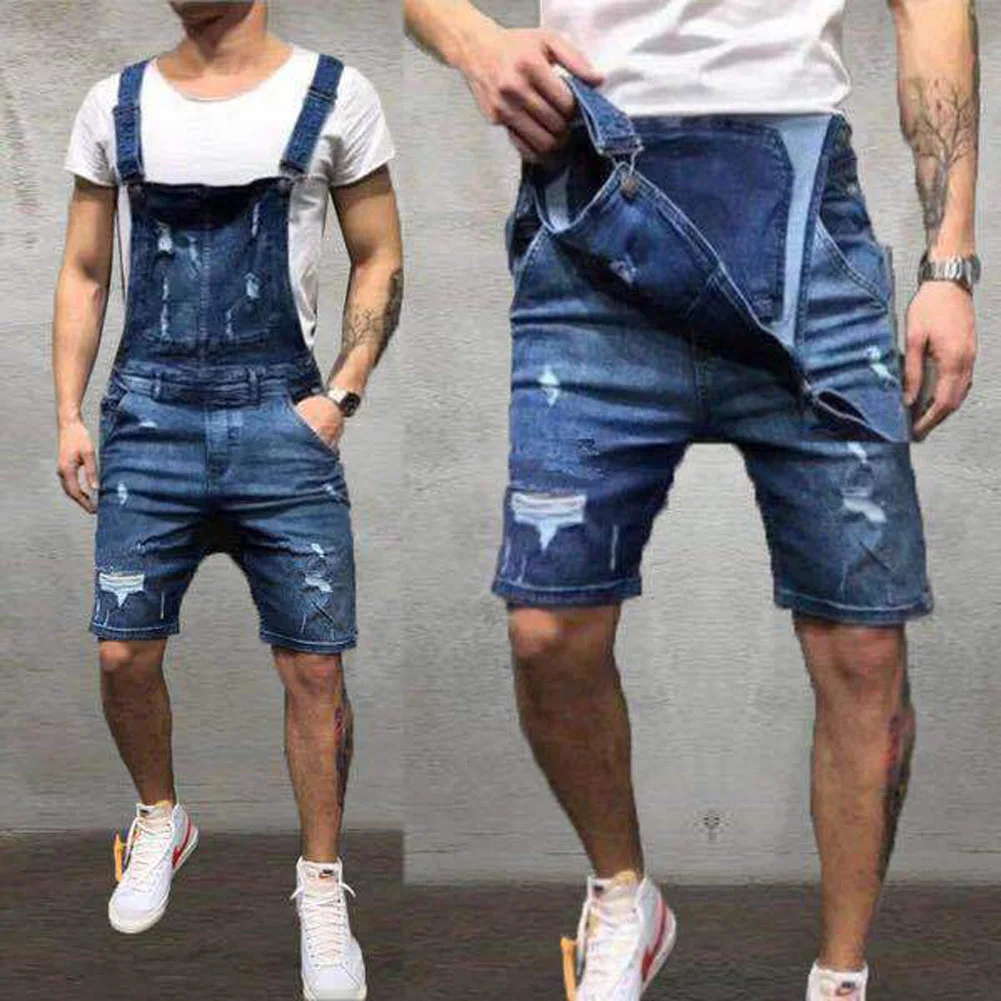 Men Pencil Pants Ripped Bib Jumpsuit Suspender Overalls Male Solid Summer Pants Overall