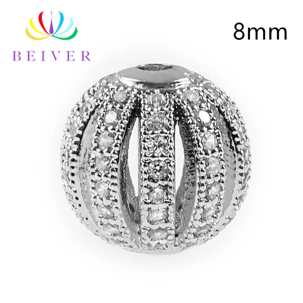 Beiver 5 шт./лот 8 мм/10 мм/12 мм Роскошные Micro Pave AAA+ Циркон европейские бусины c разделителем шаровой формы Подвески для изготовления браслета ювелирных изделий - Цвет: 8mm Silver