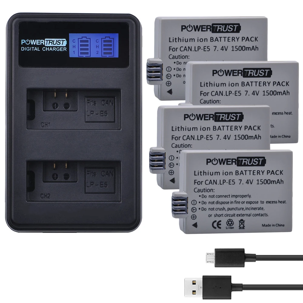4Pcs 1500mAh LPE5 LP-E5 LP E5 Digital Battery + LCD USB Dual Charger for Canon 450D 500D 1000D Kiss X2 X3 F Rebel XSi Xli XS | Электроника