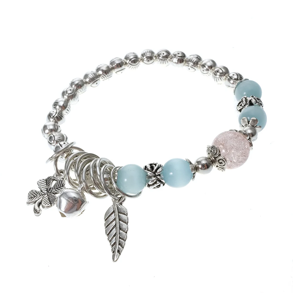 

BeUrSelf Nature Stone Elastic Strand Bracelets Clover Leaf Charm Bracelet & Bangle Crystal Metal Beads Beaded Bracelet for Women