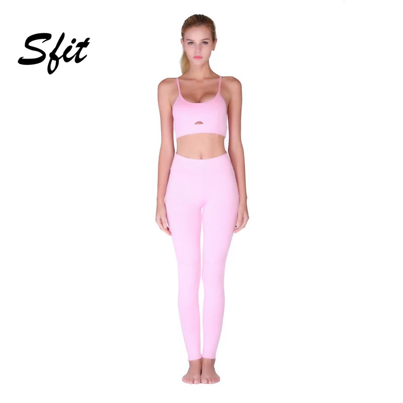 

Sfit 2019 Women Hollow Strap Tank Top And Waist Leggings Yoga Sports Set Solid Color Low-cut Sports Suit