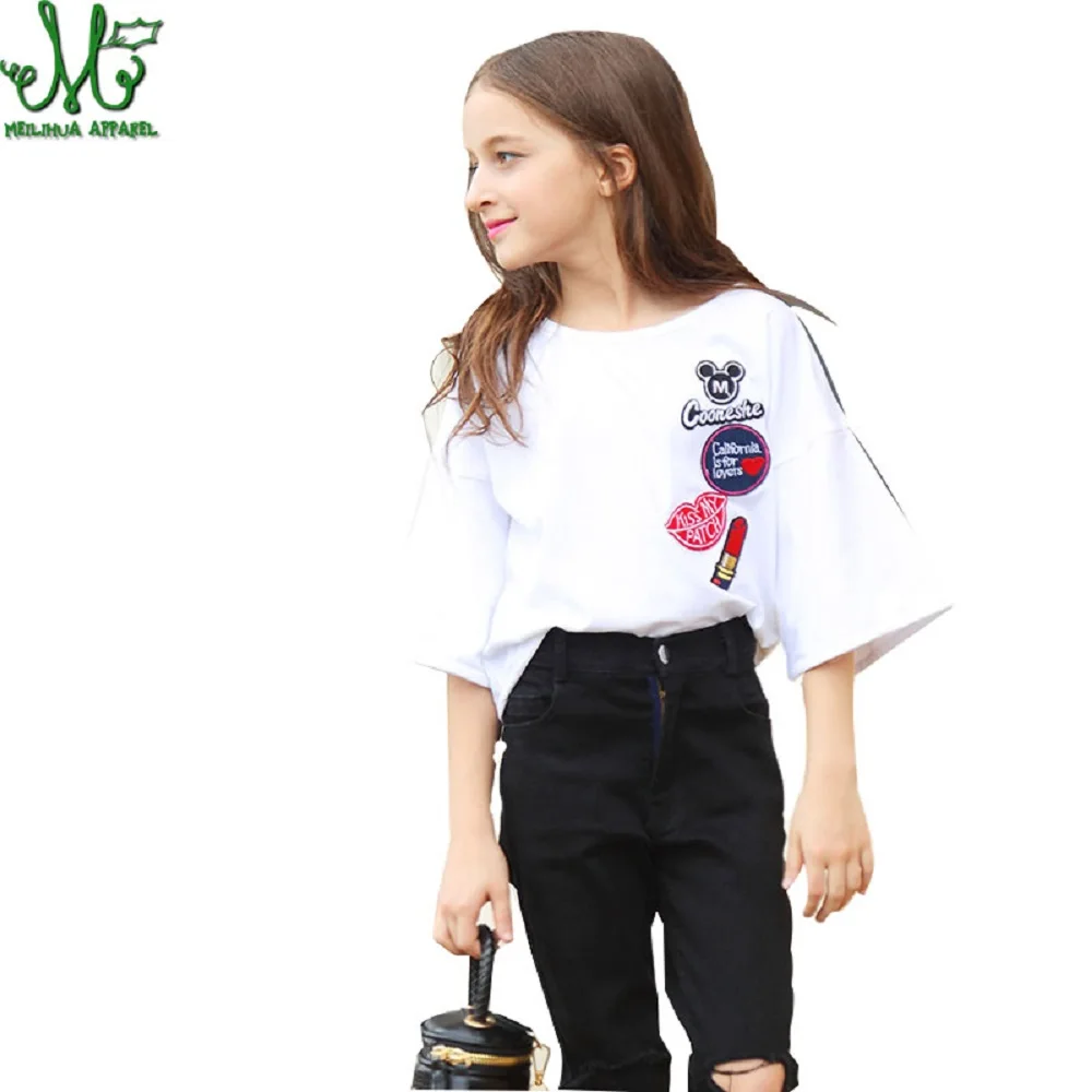 Girl Clothing Set 10 12 14 16 8 6 Years Flare Sleeve Embroidery T-shirt + Ripped Jeans Pants Toddler Teenage Girl Clothing Girl Clothing Set 10 12 14 16 8 6 Years Flare Sleeve Embroidery T-shirt + Ripped Jeans Pants Toddler Teenage Girl Clothing