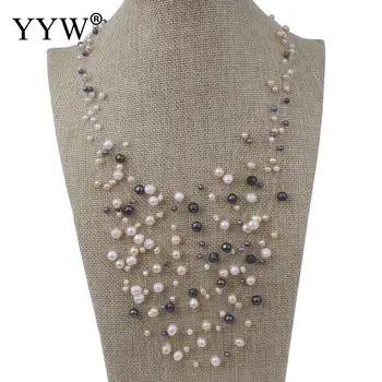 

YYW 100% Natural Freshwater Pearl Necklace Crystal Thread multi-colored 4-7mm Pearl Long Necklace For Women Wedding Gift