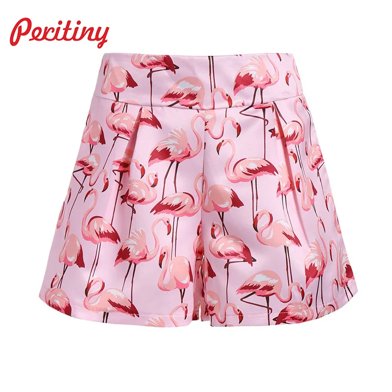 Peritiny 2017 Women's Clothing Summer High Waist Floral Flamingo Printed Short Pants Cotton Shorts Flower Ruffles Short Pants