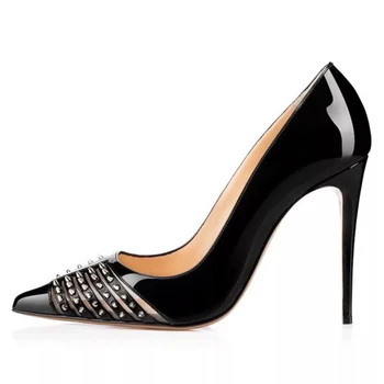 

Size 34-45 Pointy Toe Stud Shallow Women Pumps Stilettos Thin High Heels Mirror Patent Leather Party Dress Shoes