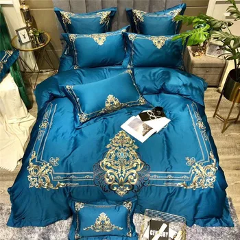 

New Blue Green Red Luxury Gold Royal Embroidery Egyptian Cotton Wedding Bedding Set Duvet Cover Bed sheet Bed Linen Pillowcase