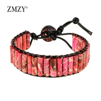 

ZMZY Women Boho Bracelets Red Natural Stones Single Leather Wrap Bracelet Semi Precious Stone Beaded Cuff Charm Bracelets