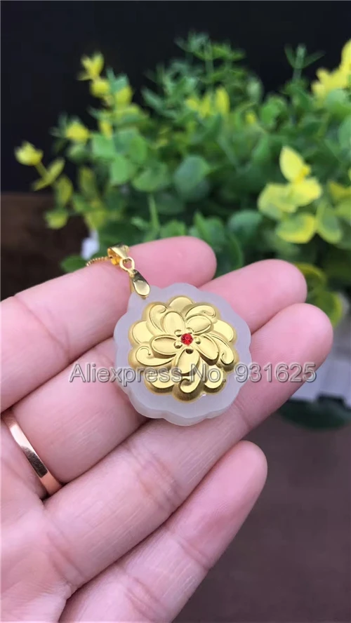 

Natural 100% Full Solid Gold Inlaid White HeTian Yu Carved Rose Gold Lucky Pendant + Necklace + Certificate Fashion Jewelry