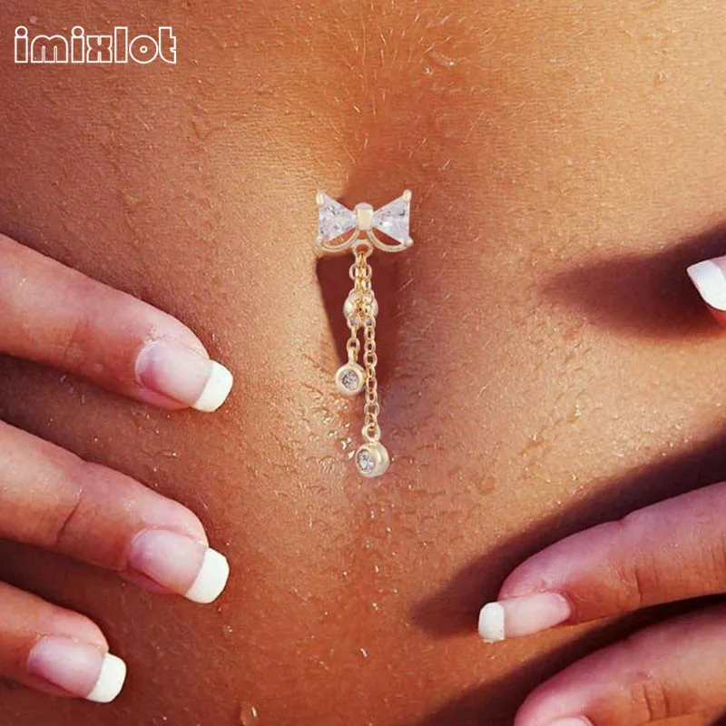 

Rhinestone Bow Gold Belly Button Rings Navel Piercing Body Jewelry Bowknot Dangle Navel Belly Rings Piercing de umbigo Jewelry