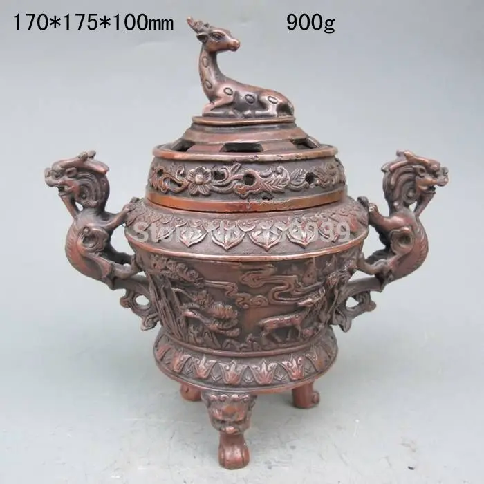 

huij 005669 Chinese Bronze Carved Chilong Dragon Incense Burner & Lid w Deer w Xuan De Mark (A0321)