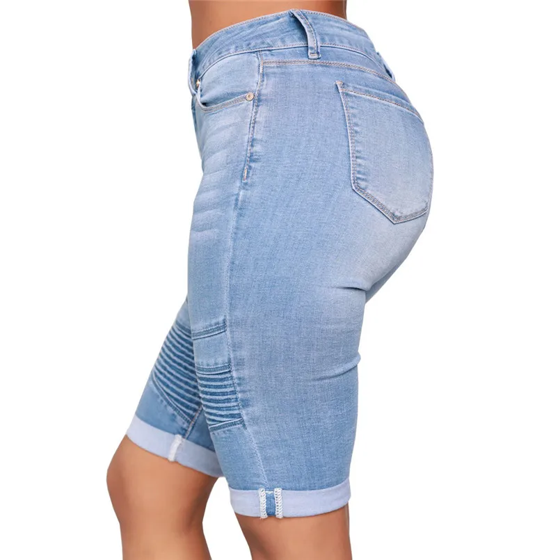 New Women Summer Mid Rise Elastic Zip Skinny Denim Knee Length Curvy Stretch Solid Jeans Fashion Vintage Shorts Jeans #4R09 (7)