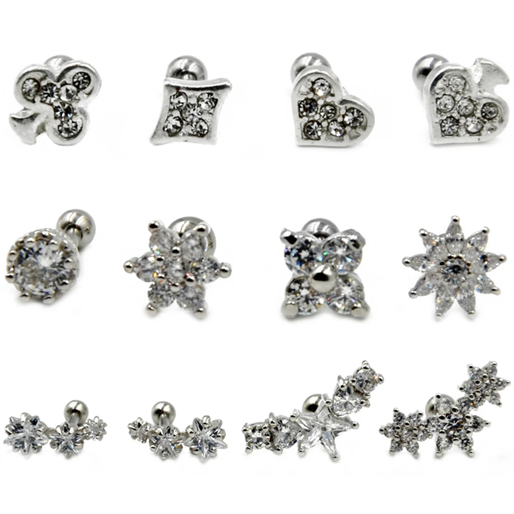 

Showlove-1PC Surgical Steel Zircon Crystal Different Flower Ear Studs Cartilage Earrings Tragus Helix Piercing 16G Ear Studs
