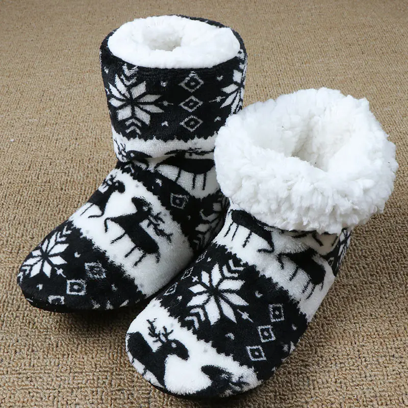Домашние тапочки; женская зимняя домашняя обувь с рождественским оленем; домашние носки; теплые меховые шлепанцы; женские плюшевые тапочки; Pantoffels Dames - Цвет: Black Socks Shoes