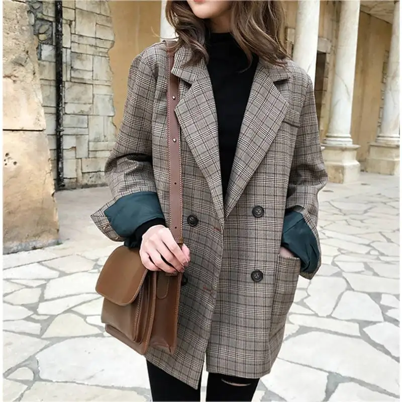 

2019 Autumn winter Women Plaid Office Lady Fashion Long Sleeve Jackets Elegant Korean version of the retro suit