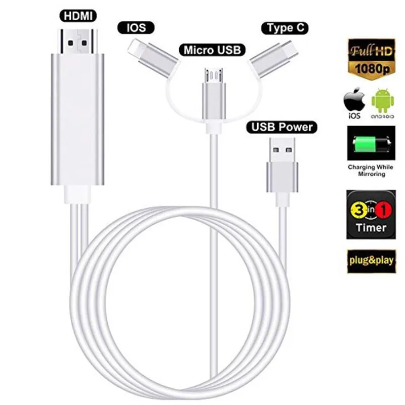 3-в-1 Lighting/USB C Тип C/микро USB для hdmy кабеля переходника цифровой HD 1080 P HDMI кабель для ТВ для Iphone samsung