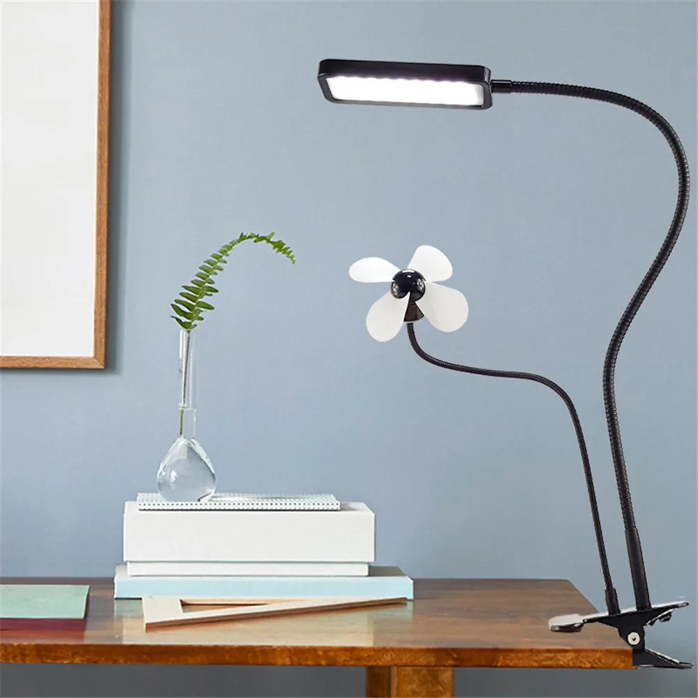 

LED USB Clip Table Lamp with Small Fan Flexible Eye-protect Desk Lamp Light Bedroom On Book Luminaria De Mesa For Home Office