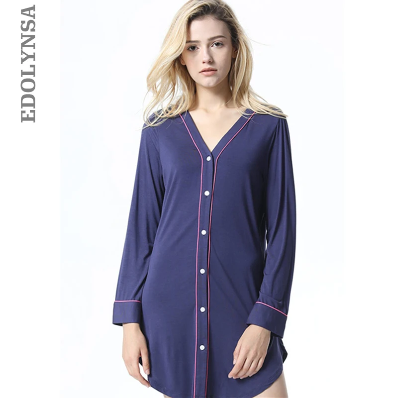Solid Button Front Open Long Sleeve Night Wear Sleep Shirts Plus Size ...