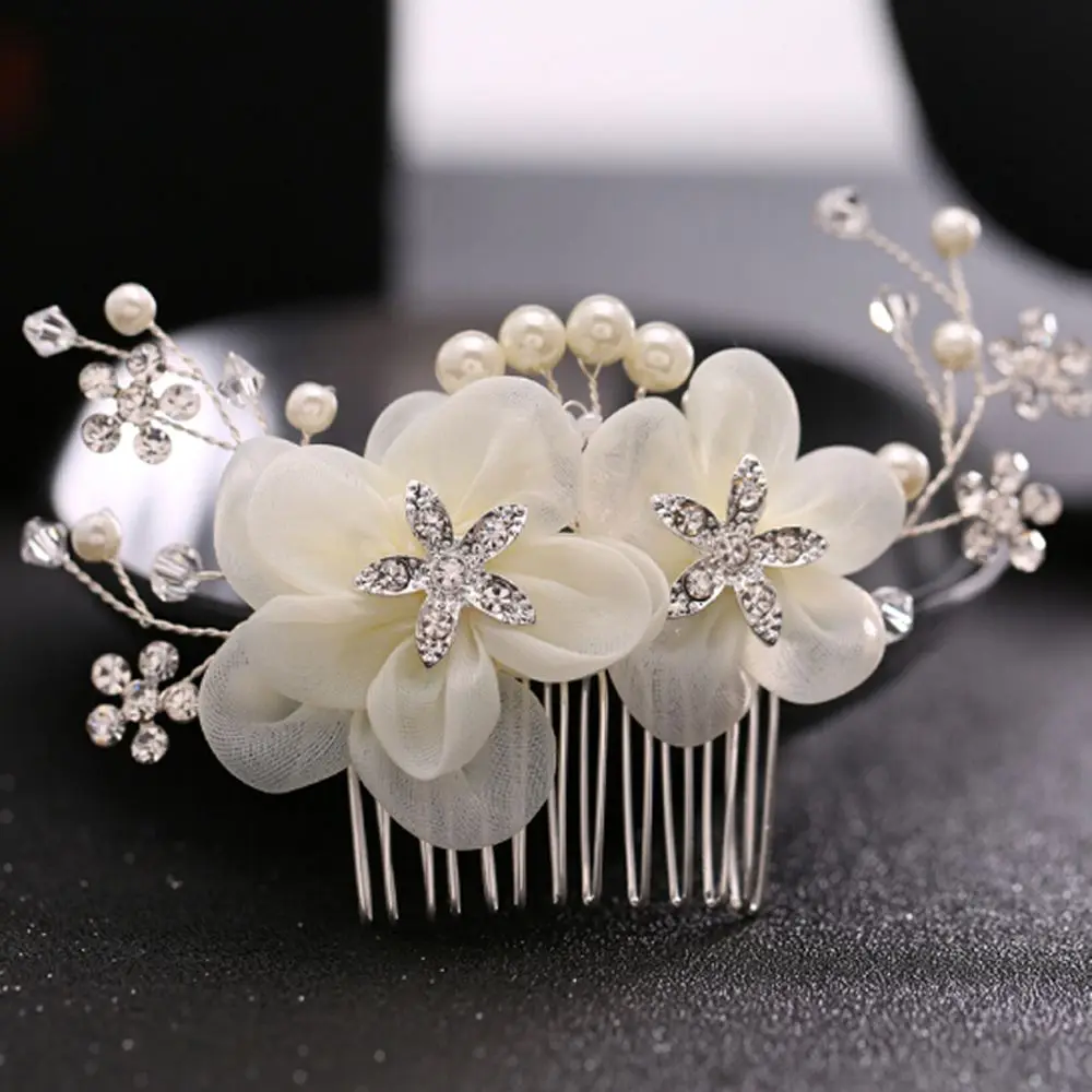 Luxury Bridal Hair Accessories Wedding Hair Comb Silver-Tone Rhinestone Artificial Flower Hair Comb Wedding Headpiece