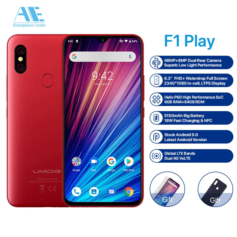 

UMIDIGI F1 Play 6.3" FHD+ 5150mAh 48MP+8MP+16MP Cameras 6GB RAM 64GB ROM Android 9.0 Helio P60 Global Version Smartphone Dual 4G