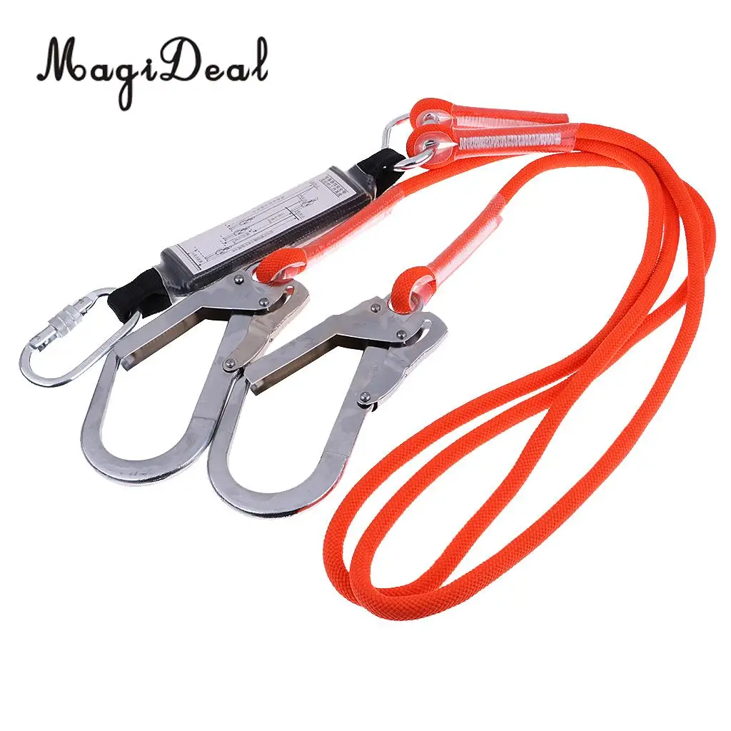 Safety Rock Climbing Fall Protection Shock Absorbing Lanyard Dual Leg Rope with Carabiner Outdoor Mountaineering Caving Rescue