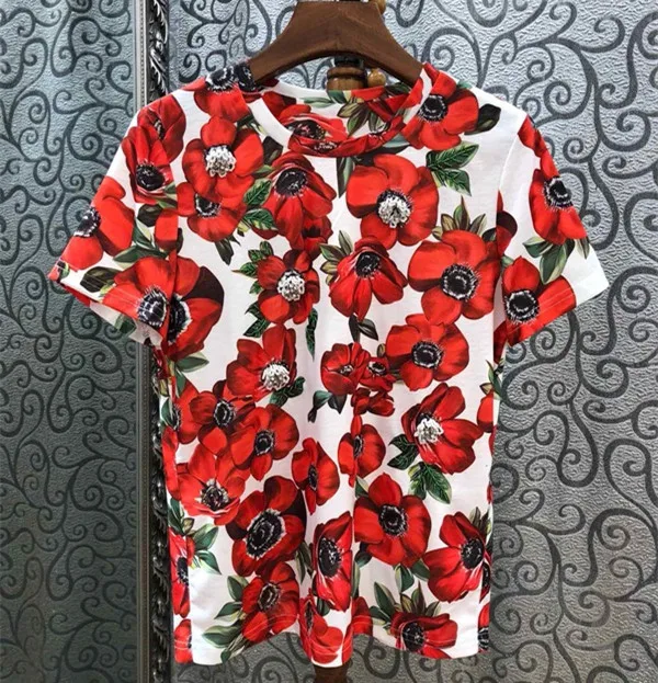 

Women summer high quality cotton pearls T-shirts New 2019 summer floral print beading short sleeves Tee Tops A124