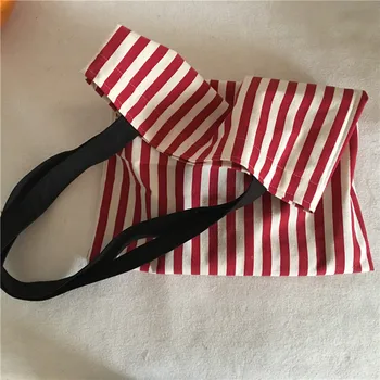 

YILE Cotton Linen Red Stiped Eco Shopping Tote Shoulder Bag Black Strap L8226