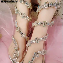 TINGHON Summer Luxurious gladiator sandals women Flat Sandals Snake Punk Rhinestone Flat Heel Women Sandals Wedding Party shoes sexy flat rhinestone sandals snake style design flip women s sandals crystal decoration lady cute party silver shoes for dress