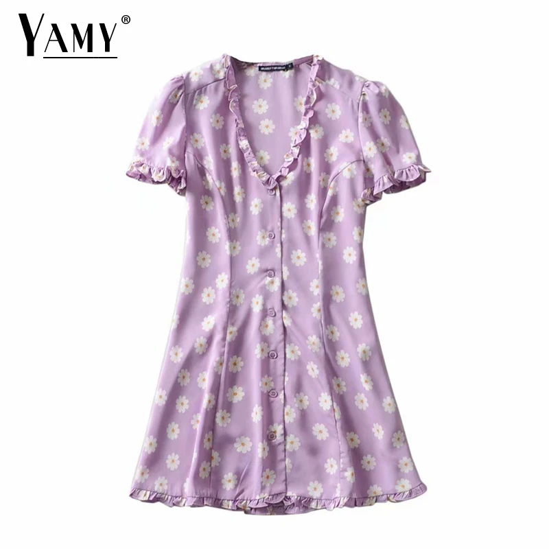 

Vintage kawaii floral ruched button beach dress women boho mini elegant deep v neck sexy party dress ladies casual Summer dress