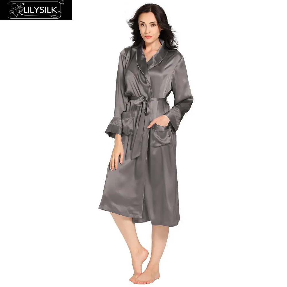 

LilySilk Robe Kimono Sleepwear Female Silk Gowns Lace Women's Clothing 22 momme Luxury Natural Chinese Long Sleeve Free Shipping