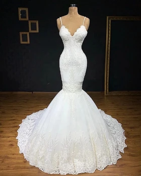 

Spaghetti Straps Mermaid Wedding Dress Lace Beading Sexy Backless White Bridal Gowns 2019 Robe de mariage